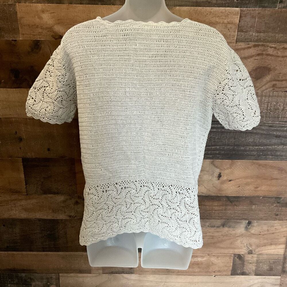 Signature Expressions Top Tan Ivory Crochet Short Sleeve Blouse Size Small - Picture 9 of 10